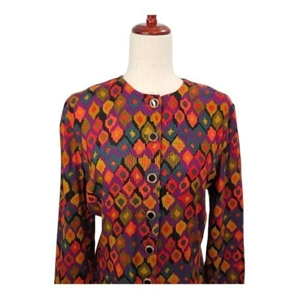 Howard Wolf Womens Multicolor Geometric Print Midi Dress 8 Button Front VTG